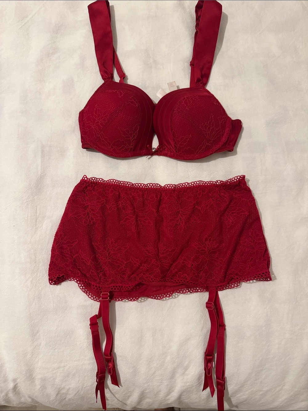 Red Lace Push-Up Bra and Garter Skirt Set - Women Intimates 34B Small